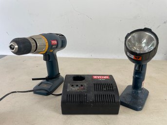 Ryobi Power Drill, Charger And Work Light Set