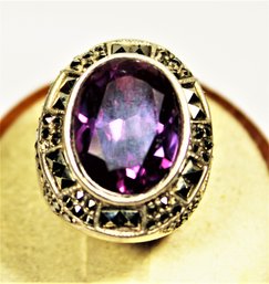 Nice Large Ring Sterling Silver Marcasite And Amethyst Size 5.5.