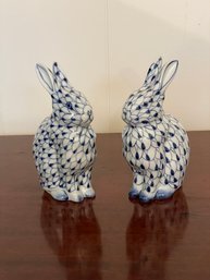 Pair Of Hand Painted Fishnet Rabbit Porcelain Figurines Andrea Sadek