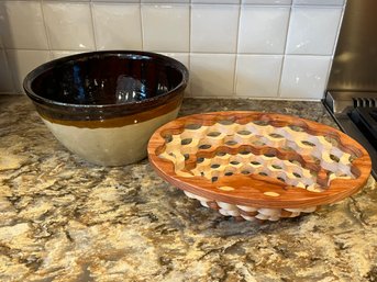 Large Hand-Thrown Stoneware Mixing Bowl & Artisan Made F.G. Bevel Handcrafted Wooden Bowl