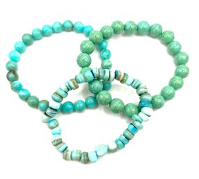 Lot Of Three Green Turquoise Color Polished Beaded Bracelets