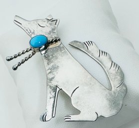 VINTAGE HAND MADE STERLING SILVER TURQUOISE WOLF BROOCH