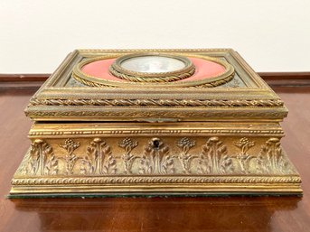 An Antique Gilt Wood Jewelry Box With Cameo On Lid
