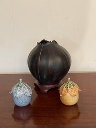 Japanese Sculptured Lotus Bud Form Bronze Vase With 2 Japanese Ceramic Jars