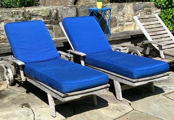 A Pair Of Gorgeous Weathered Teak Chaise Lounges With Frontgate Cushions In Sunbrella Marine Blue! (1 Of 2)