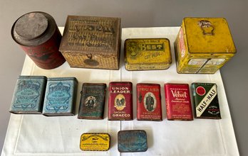 15 Antique Tins: Union Leader Tobacco, Edgeworth Smoking Tobacco, Prince Albert, Velvet, Half&half, Antidotes