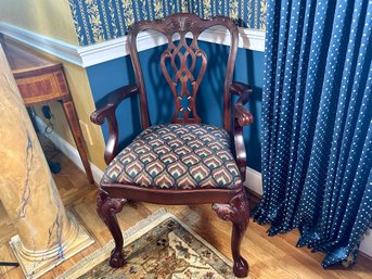 Lexington Furniture Chippendale Style Wood Carved Arm Chair With Custom Peacock Pattern Fabric