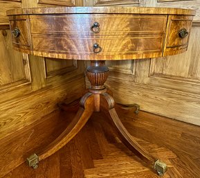 Vintage Pedestal Leather Top Round Games Card Table On Casters