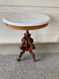 Vintage Antique Solid Wood Pedestal Style Table W/ Oval Marble Top