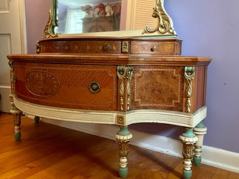 Ornate 1930s Bow Front Dressing Table & Detachable Mirror With Distinctive Floral Inlay. Outstanding Piece!