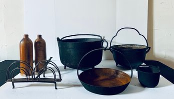 Iron Cooking Cauldrons, Toast Maker & Stoneware Jugs