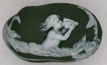 Vintage Old Antique - Green Wedgwood Jasper Ware - Mermaid Shell Trinket Box - 3677 - Blowing Conch Shell