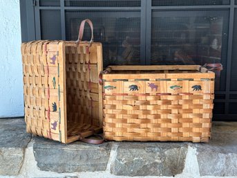 A Pair Of Vintage Wood Slat Baskets With Side Handles & Game Animal Stencils