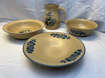 Pfaltzgraff Folk Art Vintage Crock Ware Pitcher & Three Bowls