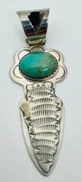 NATIVE AMERICAN SIGNED R.B. RUNNING BEAR STERLING SILVER GREEN TURQUOISE HANDMADE PENDANT