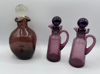 2 Amethyst Crackle Glass Cruets W/Ball Stoppers & Amethyst Crackle Glass Decanter W/Ball Stopper
