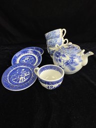 Blue And White Tea Pot Cups And Saucers