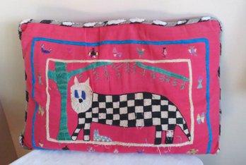 Hand Sewn Embroidered Checkered Cat Pillow