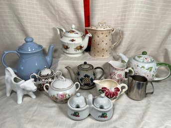 Teapots Creamer Pitchers Sugar Bowls And A Jelly Jar Ceramic Porcelain Pottery Metal Floral Vintage