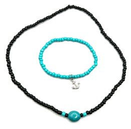 Lot Of Two Black And Turquoise Color Beaded Necklace And Turquoise Color Beaded With Anchor Pendant Bracelet
