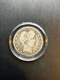 Beautiful 1911 Barber Quarter, Silver Coin