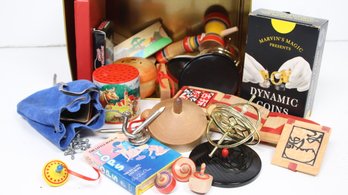 LOT OF JAPANESE WOODEN TOYS INCLUDING GYROSCOPES & HIDDEN COIN BOXES