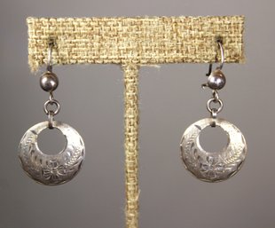 FINE PAIR ENGRAVED STERLING SILVER PIERCED EARRINGS