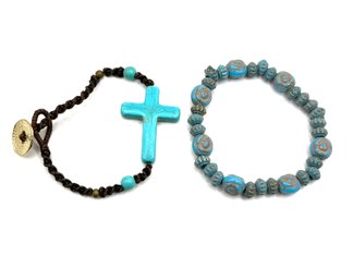 Southwestern Style Turquoise Color Cross Corded Bracelet And Ornate Stretchy Bracelet