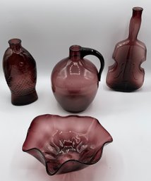 4 Pc Amethyst Glass Lot ~ Violin Bottle, Handled Jug, Dish & Fish Bottle ~