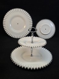 Splendid Pair Of Milk Glass Dessert Stands With Clear Ruffled Edges (One Set Is Missing Connector Pieces)