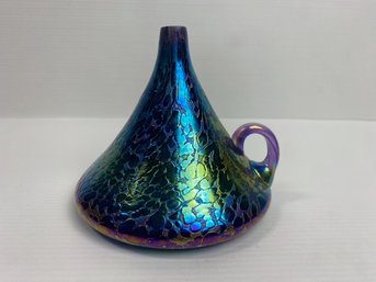 Iridescent Art Glass Funnel Shaped Bud Vase, Signed