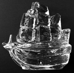 PUKEBERG SWEDEN CRYSTAL GLASS BOAT PAPERWEIGHT: Scandinavian Sailing Ship, Uno Westberg, 5 In. Tall Sculpture