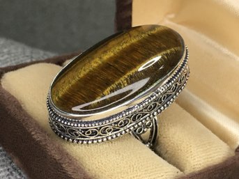 STUNNING Very Large Oval Sterling Silver / 925 Cocktail Ring With Tiger Eye And Lovely Silver Filigree Work