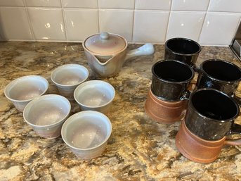 Handcrafted Handled Tea Pot & Cup Set And 4 Pottery Mugs