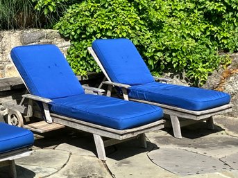 A Pair Of Gorgeous Weathered Teak Chaise Lounges With Frontgate Cushions In Sunbrella Marine Blue! (2 Of 2) AI