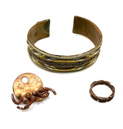 Lot Of Three Copper Tone Ornate Cuff Bracelet, Feather Wrapped Ring Size 6, Fringed Pin/brooch