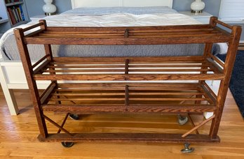 Antique Oak Wood Shoe Rack On Casters