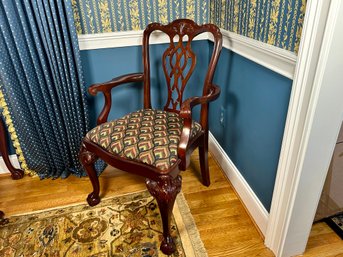 Lexington Furniture Chippendale Style Wood Carved Arm Chair With Custom Peacock Pattern Fabric