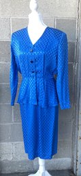 Liz Claiborne Vintage Royal Blue Silk Polka Dot Dress With Peplum- Size 10 Petite