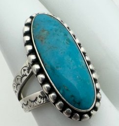 SOUTHWESTERN DESIGNER CAROLYN POLLACK STERLING SILVER OVAL TURQUOISE DECORATED RING