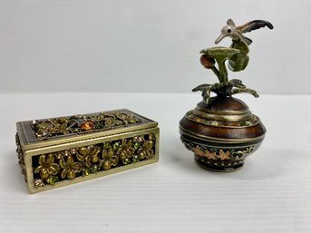 Jeweled Enameled Bronzed Hummingbird Trinket Dish And Covered Box (2)