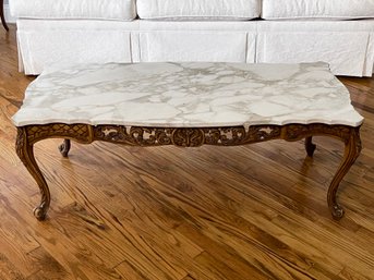 French Carved Coffee Table With Marble Top