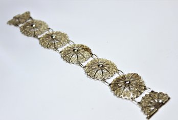 Fine Antique Sterling Silver Filigree Link Bracelet Floral Motif 7' Long