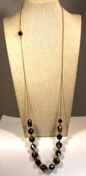 Gold Tone Vintage Elongated Beaded Necklace Black & Gold Glass 30' Long