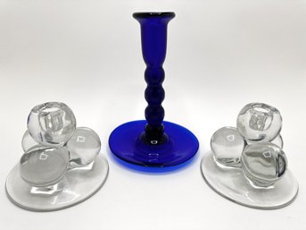 Vintage 1974 Signed Cobalt Blue Glass Candlestick & Set Mid-Century Glass Candlesticks