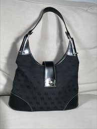 Very Nice Like New DOONEY & BOURKE Hobo - Black DB Monogram Fabric - Black Leather Trim - Made In USA