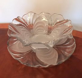 Decorative Ruffled Etched Glass Bowl With Matching Plate