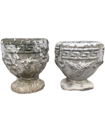 Vintage Cement Greek Key Grapevine Outdoor Garden Planter Pots - Lot Of Two