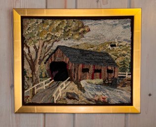 Framed Picture Of  Covered Bridge With Hand - Knotted Wool Latch Hooking