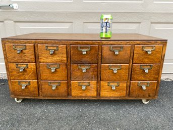 Antique Quarter Sawn 15 Drawer Oak Card Catalog On Wheels (easily Removed. One Side Needs Repair. No Shipping.